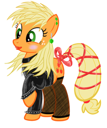 Size: 999x1189 | Tagged: safe, applejack, g4, alternate hairstyle, clothes, collar, earring, female, fishnet stockings, leather, lipstick, makeover, makeup, raised hoof, rouge, simple background, smiling, solo, stockings, tail bow, tail wrap