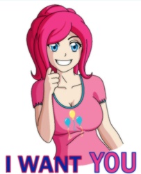 Size: 800x985 | Tagged: safe, artist:zantyarz, pinkie pie, human, g4, breasts, busty pinkie pie, cropped, female, humanized, light skin, recruitment poster, solo