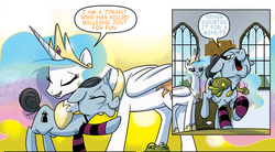 Size: 951x524 | Tagged: safe, artist:amy mebberson, edit, idw, princess celestia, professor inkwell, g4, comic, text edit, tyrant celestia