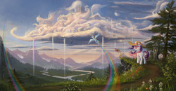 Size: 4090x2120 | Tagged: safe, artist:devinian, rainbow dash, rarity, spike, pegasus, pony, squirrel, unicorn, rainbow falls, butt, clothes, cloudsdale, epic, female, flower, flying, glasses, hat, heart's desire, key, mare, plot, rainbow, rainbow trail, rainbow waterfall, river, scarf, scenery, scenery porn, straw hat, trail