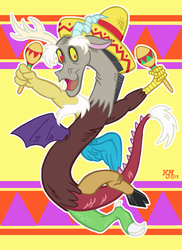 Size: 872x1200 | Tagged: safe, artist:slickpuppy, discord, g4, abstract background, male, maracas, musical instrument, open mouth, solo, sombrero