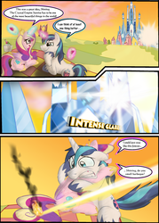 Size: 1010x1410 | Tagged: safe, artist:supersheep64, princess cadance, shining armor, alicorn, pony, unicorn, g4, butt, comic, crystal empire, female, fire, mare, plot