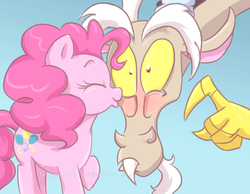 Size: 600x466 | Tagged: safe, artist:feujenny07, discord, pinkie pie, g4, blushing, female, kissing, male, ship:discopie, shipping, straight