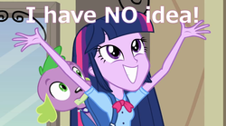 Size: 800x445 | Tagged: safe, spike, twilight sparkle, dog, equestria girls, g4, my little pony equestria girls, arms in the air, hands in the air, i have no idea, image macro, irrational exuberance, smiling, spike the dog