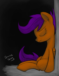 Size: 1172x1500 | Tagged: safe, artist:saine grey, scootaloo, g4, dark, female, painting, sad, sitting, solo