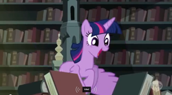 Size: 852x472 | Tagged: safe, screencap, twilight sparkle, alicorn, pony, castle mane-ia, g4, book, female, happy, mare, meme, solo, twilight sparkle (alicorn), youtube caption