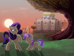 Size: 4500x3375 | Tagged: safe, artist:dimfann, rarity, sweetie belle, g4, backlighting, cute, diasweetes, eyes closed, puddle, raised hoof, sun, sunset, tent, tree