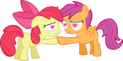 Size: 1269x630 | Tagged: safe, apple bloom, scootaloo, g4, female, heart, heart eyes, lesbian, ship:scootabloom, shipping, simple background, transparent background, vector