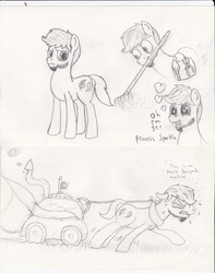 Size: 2552x3236 | Tagged: safe, artist:frikdikulous, oc, oc only, earth pony, pony, facial hair, lawn mower, male, monochrome, mouth hold, plewds, pulling, rake, sketch, stallion, sweat, traditional art