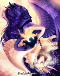 Size: 685x870 | Tagged: safe, artist:cloudedart, princess celestia, princess luna, g4, contrast, duality