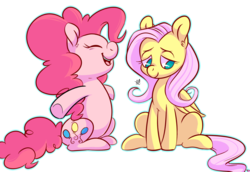 Size: 1171x805 | Tagged: safe, artist:comikazia, fluttershy, pinkie pie, earth pony, pegasus, pony, g4, cute, duo, duo female, female, happy, incoming hug, lesbian, mare, ship:flutterpie, shipping, simple background, sitting, transparent background