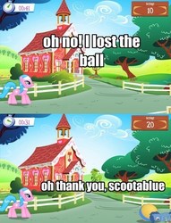 Size: 450x588 | Tagged: safe, gameloft, aloe, archer (character), scootablue, g4, ball, fence, game, ponyville schoolhouse, school, spa pony