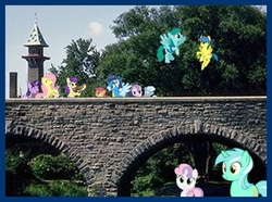 Size: 513x382 | Tagged: safe, diamond tiara, fluttershy, lyra heartstrings, scootaloo, silver spoon, soarin', spring melody, sprinkle medley, sweetie belle, symphony, twilight sparkle, oc, g4, bridge, concert, cutie mark crusaders, irl, musical instrument, photo, ponies in real life, violin, violina