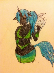 Size: 1530x2048 | Tagged: dead source, safe, queen chrysalis, changeling, changeling queen, anthro, g4, female, solo