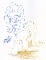 Size: 754x1000 | Tagged: safe, artist:fuzon-s, oc, oc only, oc:milky way, pony, clothes, female, freckles, looking at you, mare, sketch, solo, traditional art, uniform