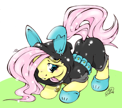 Size: 710x629 | Tagged: safe, artist:g0lden-anch0r, fluttershy, pegasus, pony, g4, bunny ears, clothes, dangerous mission outfit, face down ass up, female, goggles, grin, heart eyes, hoodie, looking at you, mare, raised tail, smiling, solo, sparkles, wingding eyes