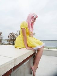 Size: 720x960 | Tagged: safe, artist:terezigrell, fluttershy, human, g4, barefoot, cosplay, feet, irl, irl human, photo, sitting, solo