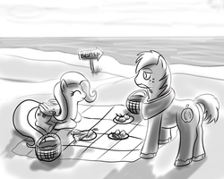 Size: 1000x800 | Tagged: safe, artist:thorheim, big macintosh, fluttershy, earth pony, pony, g4, beach, male, monochrome, picnic, ship:fluttermac, shipping, stallion, straight