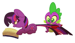 Size: 580x336 | Tagged: safe, artist:circustent, spike, twilight sparkle, dragon, pony, unicorn, g4, angry, annoyed, book, brush, brushie, brushing, filly, filly twilight sparkle, frown, glare, grooming, lying, lying down, pixiv, prone, reading, scrunchy face, simple background, smiling, unicorn twilight, white background
