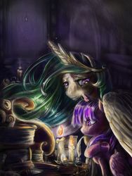 Size: 1188x1584 | Tagged: dead source, safe, artist:normal3rt, artist:viwrastupr, princess celestia, twilight sparkle, alicorn, pony, g4, book, candle, female, mare, scroll, twilight sparkle (alicorn)