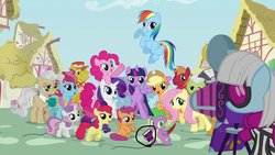 Size: 1200x675 | Tagged: safe, screencap, apple bloom, applejack, big macintosh, carrot cake, cup cake, fluttershy, granny smith, mayor mare, photo finish, pinkie pie, rainbow dash, rarity, scootaloo, spike, sweetie belle, twilight sparkle, zecora, alicorn, pony, zebra, castle mane-ia, g4, season 4, cutie mark crusaders, diary, female, foreshadowing, group, journal, mane six, mare, opening, twilight sparkle (alicorn)