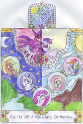 Size: 730x1094 | Tagged: safe, artist:chatsium, applejack, fluttershy, pinkie pie, rainbow dash, rarity, twilight sparkle, alicorn, pony, g4, depressed, dimness void, duality, evil, female, mare, moon, pinkamena diane pie, sad, stars, sun, twilight sparkle (alicorn), valley