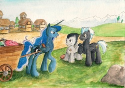 Size: 2332x1647 | Tagged: safe, artist:souleatersaku90, princess luna, rumble, thunderlane, alicorn, pegasus, pony, g4, cart, colt, commission, fanfic art, female, foal, male, mare, stallion, the simple life, traditional art, trio