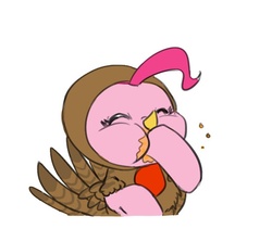 Size: 616x520 | Tagged: safe, artist:carnifex, pinkie pie, turkey, g4, :t, clothes, costume, cute, diapinkes, eating, eyes closed, female, hoof in mouth, messy eating, puffy cheeks, solo, thanksgiving, turkey costume
