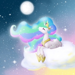 Size: 2000x2000 | Tagged: safe, artist:kelisah, princess celestia, g4, cloud, crying, feels, female, mare in the moon, moon, night, solo, stars