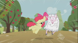 Size: 864x478 | Tagged: safe, screencap, apple bloom, earth pony, pony, sheep, g4, my little pony: friendship is magic, sisterhooves social, hub logo, speed lines