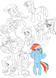 Size: 1280x1791 | Tagged: safe, artist:aruurara, applejack, fluttershy, lyra heartstrings, pinkie pie, queen chrysalis, rainbow dash, rarity, spike, twilight sparkle, g4, female, filly, filly fluttershy, male, mane seven, mane six, partial color, ship:sparity, shipping, sketch dump, straight, younger