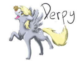 Size: 875x692 | Tagged: safe, artist:dari-draws, derpy hooves, wolf, g4, female, muffin, simple background, solo, species swap, transparent background, winged wolf