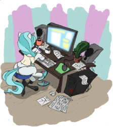 Size: 2248x2524 | Tagged: safe, artist:dreadcoffins, oc, oc only, oc:teal swirl, pony, unicorn, ask teal swirl, ask, clothes, computer, messy, panties, sitting, solo, table, thong, underwear