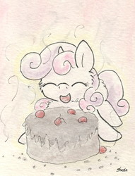 Size: 658x863 | Tagged: safe, artist:slightlyshade, sweetie belle, g4, cake, female, solo, traditional art