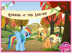 Size: 850x628 | Tagged: safe, applejack, rainbow dash, g4, official, apple, banner, facebook, fence, logo, messy, messy mane, mud, my little pony logo, running of the leaves, text, tree