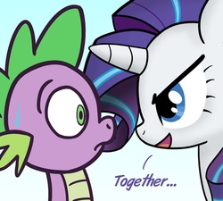 Size: 1280x1152 | Tagged: safe, rarity, spike, dragon, pony, unicorn, g4, age difference, ask-acetic-rarity, askspikedadragon, duo, duo male and female, female, horn, male, ship:sparity, shipping, straight