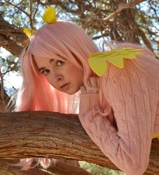 Size: 871x960 | Tagged: safe, artist:lochlan o'neil, fluttershy, human, g4, clothes, cosplay, irl, irl human, photo, solo, sweater, sweatershy, tree