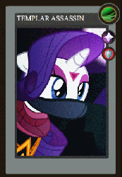 Size: 295x426 | Tagged: safe, artist:yudhaikeledai, part of a set, rarity, g4, animated, crossover, dota 2, female, part of a series, ponified dota 2 cards, solo, templar assassin