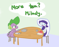 Size: 1000x800 | Tagged: safe, artist:kaiponi, rarity, spike, g4, askkawaiispike, body pillow, cake, female, male, ship:sparity, shipping, solo, straight, tea party, teacup, teapot