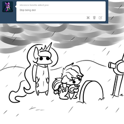 Size: 750x750 | Tagged: safe, artist:php199, applejack, princess celestia, celestilee, g4, grave, gravestone, monochrome, tumblr