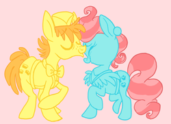 Size: 545x394 | Tagged: safe, artist:circustent, carrot cake, cup cake, earth pony, pony, g4, duo, female, kissing, limited palette, male, mare, pink background, pixiv, ship:carrot cup, shipping, simple background, stallion, straight