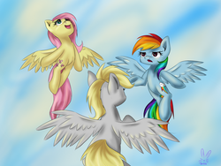 Size: 1800x1350 | Tagged: safe, artist:krololo, derpy hooves, fluttershy, rainbow dash, pegasus, pony, g4, back, female, flying, mare, sky