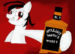 Size: 1024x744 | Tagged: safe, artist:vittorionobile, oc, oc only, oc:blackjack, pony, unicorn, fallout equestria, fallout equestria: project horizons, alcohol, applejack daniel's, bottle, fanfic, fanfic art, female, hooves, horn, mare, smiling, solo, teeth, text, whiskey