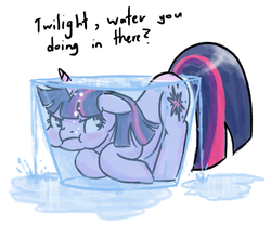 Size: 600x499 | Tagged: safe, artist:king-kakapo, twilight sparkle, pony, unicorn, g4, :t, angry, bowl, dialogue, female, floppy ears, in water, looking back, pouting, puffy cheeks, pun, solo, this will end in tears, this will end in tears and/or death, twilight sparkle is not amused, unamused, underwater, unicorn twilight, water, wet