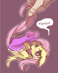 Size: 600x759 | Tagged: safe, artist:kolshica, fluttershy, human, g4, blushing, clothes, cute, fishnet stockings, hand, micro, shyabetes, stockings, suspended, tail pull, upside down