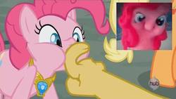 Size: 960x541 | Tagged: source needed, safe, discord, pinkie pie, g4, boop, bubble blower, comparison, element of laughter, finger, ponk, ponkie poy, scrunchy face, toy