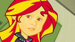 Size: 1920x1080 | Tagged: safe, sunset shimmer, equestria girls, g4, chloe clem, cursed image, female, lily's disneyland surprise, meme, side eyeing chloe, solo