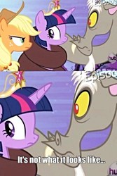 Size: 500x750 | Tagged: safe, edit, edited screencap, screencap, applejack, discord, twilight sparkle, alicorn, pony, g4, princess twilight sparkle (episode), season 4, caption, female, mare, out of context, twilight sparkle (alicorn)