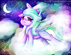 Size: 3300x2550 | Tagged: safe, artist:twiddledittle, flitter, g4, bow, cloud, cloudy, female, moon, night, solo