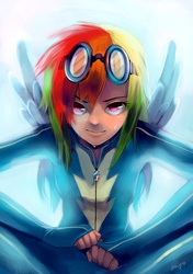 Size: 700x994 | Tagged: safe, artist:amy30535, rainbow dash, human, g4, backlighting, clothes, female, fingerless gloves, gloves, goggles, humanized, light skin, solo, sweat, winged humanization, wings, wonderbolts uniform